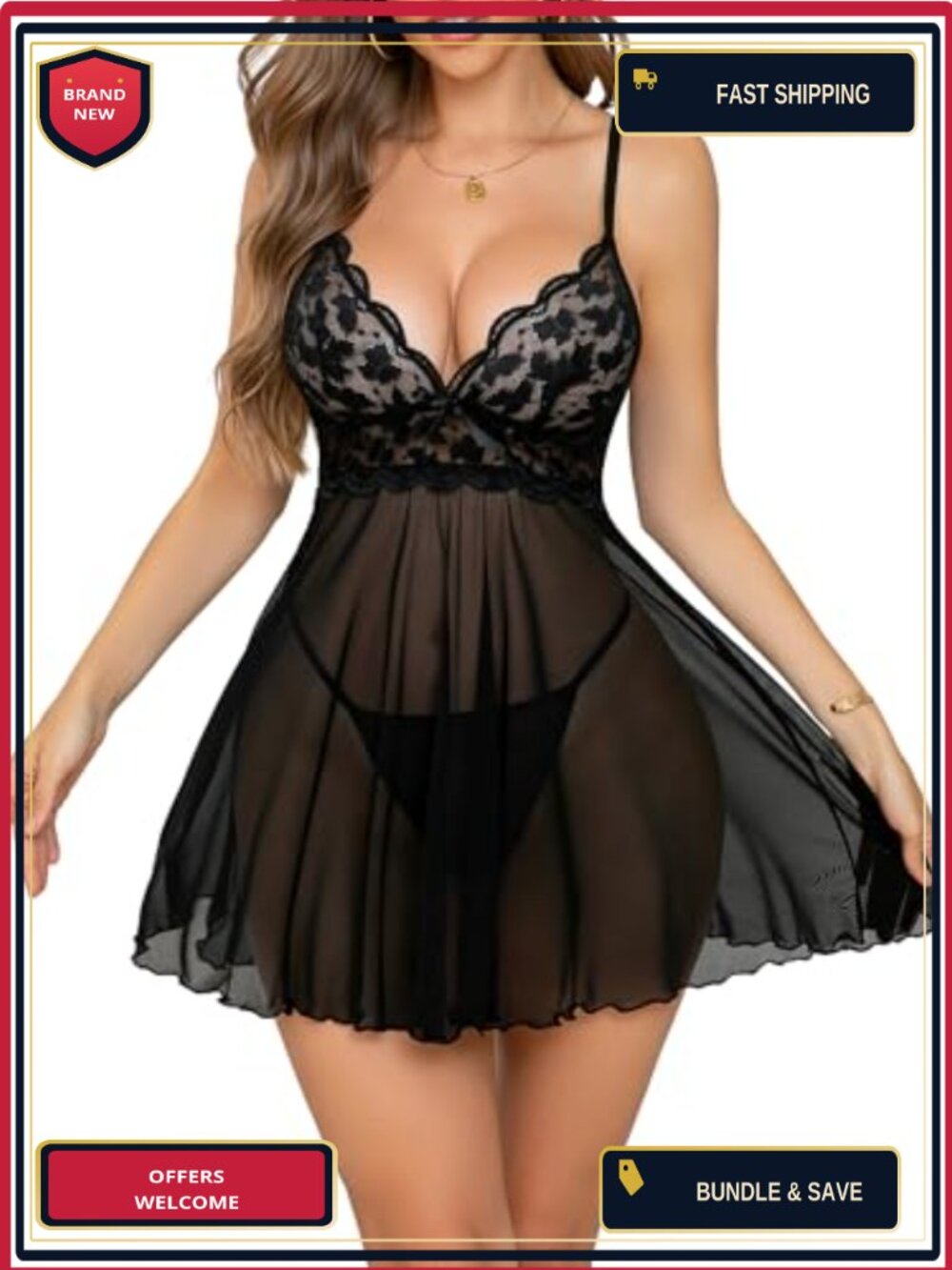 Lace Babydoll Chemise Sheer Mesh Nightgown with Panty